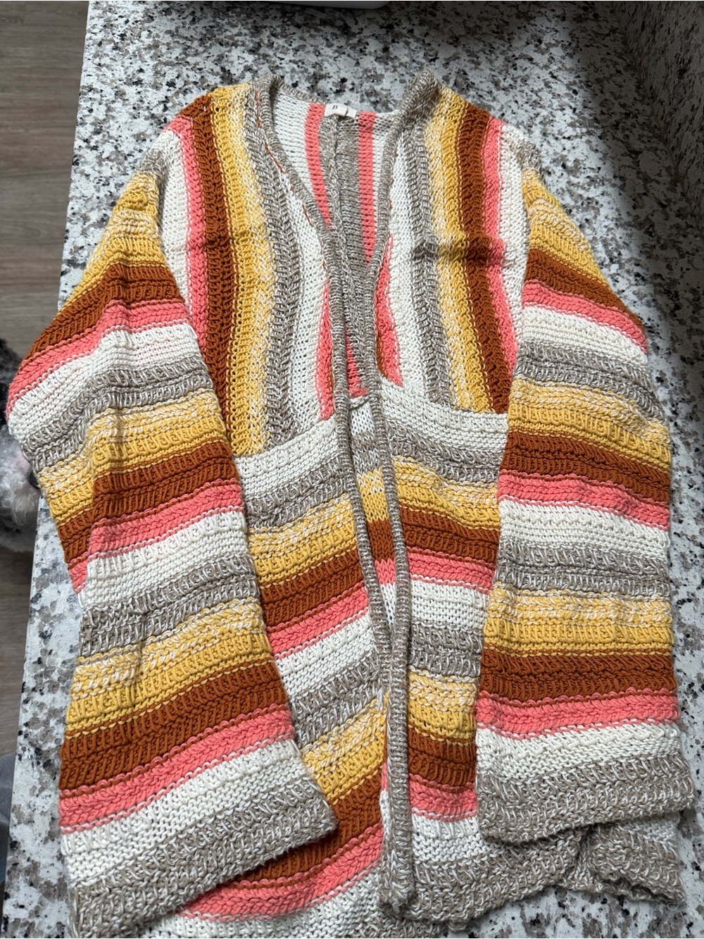 BKE Striped Crochet Cardigan in Coral, Cream & Tan